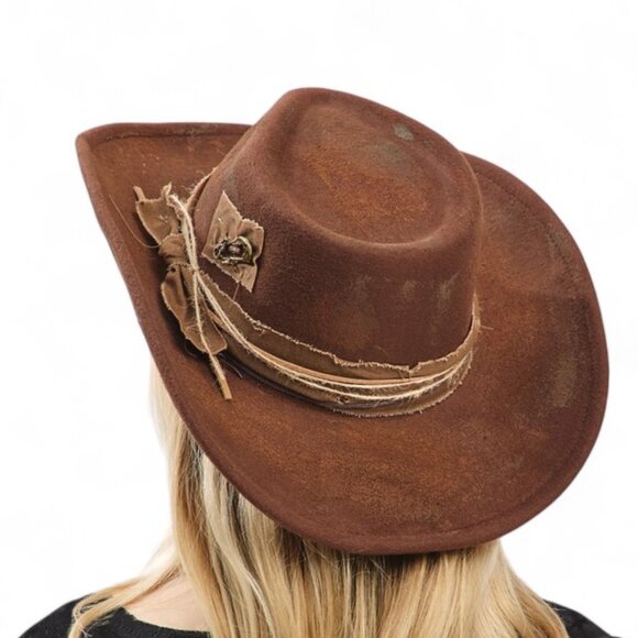 Distressed Designed Cowboy Cowgirl Hat Western Fedora Hat - Picture 3 of 9